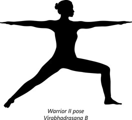 Flat black silhouette of young woman practicing yoga, doing Warrior 2 two pose or Virabhadrasana B. Standing and Balancing. Beginner. Vector illustration isolated on transparent background.