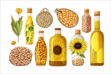 Poster - Oil seeds bottles. Isolated on background. Cartoon. Generative AI