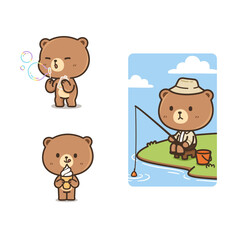 Wall Mural - Set of cute and kawaii brown bear in many posture isolated vector