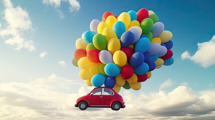 car with attached multicolored balloons flies high in blue sky, new car as gift for holiday, fast tr