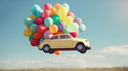 car with attached multicolored balloons flies high in blue sky, new car as gift for holiday, fast tr