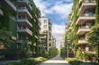 Architectural concept of a green ecological estate with apartment blocks. Genetrative AI