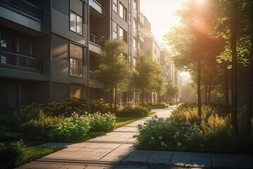 Wall Mural - Architectural concept of a green ecological estate with apartment blocks. Genetrative AI