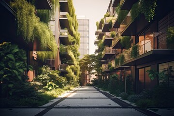 Wall Mural - Architectural concept of a green ecological estate with apartment blocks. Genetrative AI