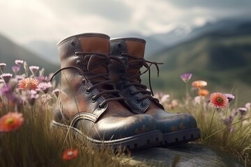 boots on the grass. Mountains in background. Generative AI