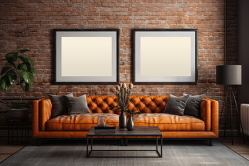 Interior of a loft-style room with a bright orange leather sofa and two white mockup frames on the wall. Generative AI