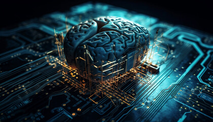 Poster - Glowing circuit board, complex cyborg brain design generated by AI