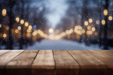 winter wonderland with falling snow and lights, bokeh,  blurred background with empty wooden table with free space for product display and mockup, copy space, small depth of field, ai generated