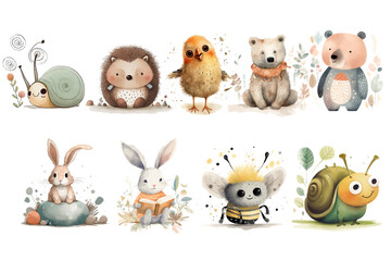 Safari Animal set bear, squirrel, bee, bird, hedgehog, snail, rabbit in 3d style. Isolated . Generative AI