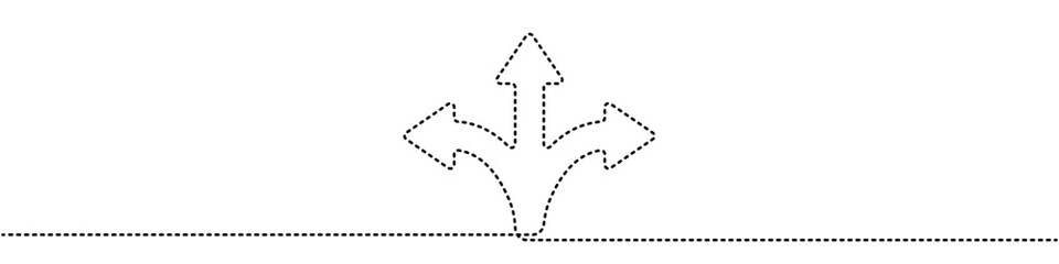 Poster - One continuous drawing of arrows in three directions vector. Dotted linear multidirectional arrows vector icon. Vector illustration of arrows in three directions in linear style.