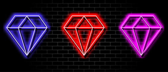 glowing diamond icon isolated on brick wall,neon style.
