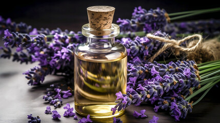 Wall Mural - A bottle of essential oil for aromatherapy, alternative medicine or perfumery and a bouquet of fresh lavender on a wooden background. Side view, close-up. Generative AI.