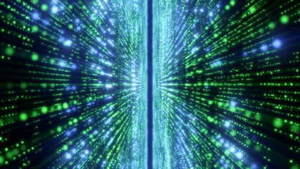 Aufkleber - Abstract green energy hi-tech lines and digital particles fly in a tunnel with bokeh effect glowing background, 4k video, 60 fps