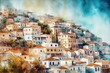 © losmostachos - Color watercolor drawing of panoramic view of an old italian town on a hill. Art postcard  - Generative AI