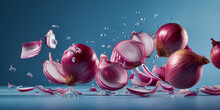 red onion slices flying in the air, isolated on a light blue background, created with generative ai
