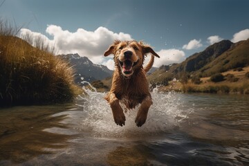 A happy Golden Retriever dog running out of a mountain lake with water splashes and a scenic nature background