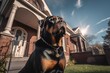 a Rottweiler dog keeping watch in front of a home. protecting the family house.