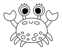 Vector Black And White Crab Icon. Under The Sea Line Illustration With Cute Funny Ocean Animal. Cartoon Underwater Or Marine Clipart Or Coloring Page For Children.