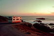 © Eduardo Lopez - Generative AI illustration of RV trailer parked in a field next to the ocean with sunset light in holidays