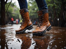 A Pair Of Rain Boots Splashing Through Puddles On A Rainy Spring Day