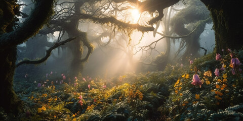An ancient, mystical forest, with glowing flowers and mysterious creatures, illuminated by the soft light of a sunrise   Generative Ai Digital Illustration