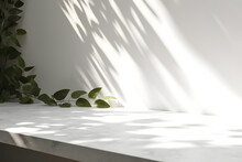 Modern Minimal Empty White Marble Stone Counter Table Top, In Sunlight, Palm Foliage Leaf Shadow On Concrete Wall Background For Luxury Organic Cosmetic, Skin Care, Beauty Treatment Product Display 3D
