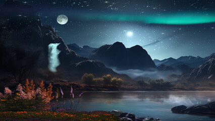 Wall Mural - aurorabeautiful nature landscape,mountains in lagoon with waterfall and trees rock and wild flowers 