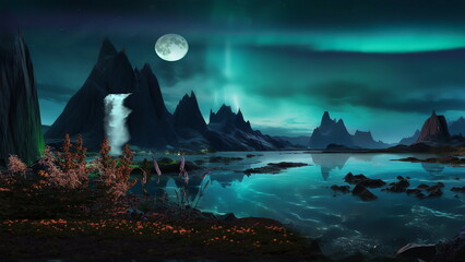 Wall Mural - beautiful nature landscape,mountains in lagoon with waterfall and trees rock and wild flowers at nig
