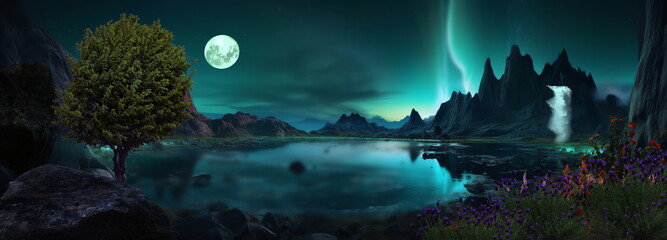 Wall Mural - beautiful nature landscape,mountains in lagoon with waterfall and trees rock and wild flowers at nig