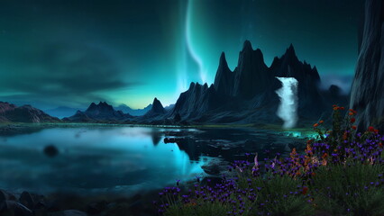 Wall Mural - beautiful nature landscape,mountains in lagoon with waterfall and trees rock and wild flowers at nig