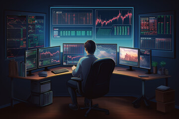 Wall Mural - investment trader in front of monitor screens with stock charts. Generative AI	