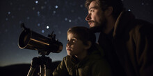 Father And Son Spend Time Together Watching The Stars Through A Telescope. Generative AI	