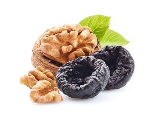 Wall Mural -  Walnuts kernel with prune on white background
