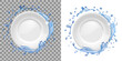 Clean plate in water splash. Dishwasher machinead poster, Clean white ceramic tableware. Shining crockery. 3d realistic vector