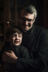 Concept of child abuse in church: scarred boy being held by priest