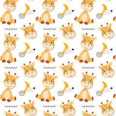  Cute kids seamless animal pattern. Lion cub pattern in the clouds. Print on fabric, paper and design. Vector illustration