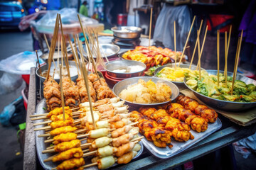 Wall Mural - Asian street food. Fried take away food on sticks. Traditional oriental dishes at street market. Created with Generative AI