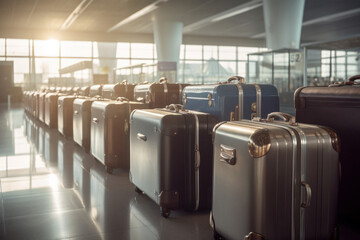 Stylish Suitcases in Airport with Airplane Taking Off in Distance