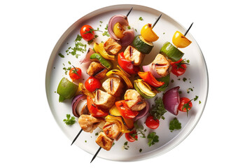 Chicken And Vegetable Kabobs On A White Plate. Gluten-Free Food On Isolated Transparent Background, Png. Generative AI