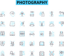 Photography Linear Icons Set. Exposure, Aperture, Shutter, Focus, Composition, Light, Shadows Line Vector And Concept Signs. Contrast,Depth,Angle Outline Illustrations