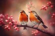 Couple of romantic budgies birds on a branch. Love concept. Generative AI