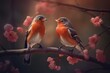 Couple of romantic budgies birds on a branch. Love concept. Generative AI