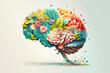 Human brain with spring colorful flowers. Concept of mental health, self care, happiness, harmony, positive thinking, creative mind. Generative ai.