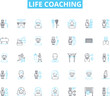 © Nina - Life coaching linear icons set. Empowerment, Goals, Positive, Transformation, Accountability, Motivation, Resilience line vector and concept signs. Self-discovery,Mindset,Clarity outline illustrations