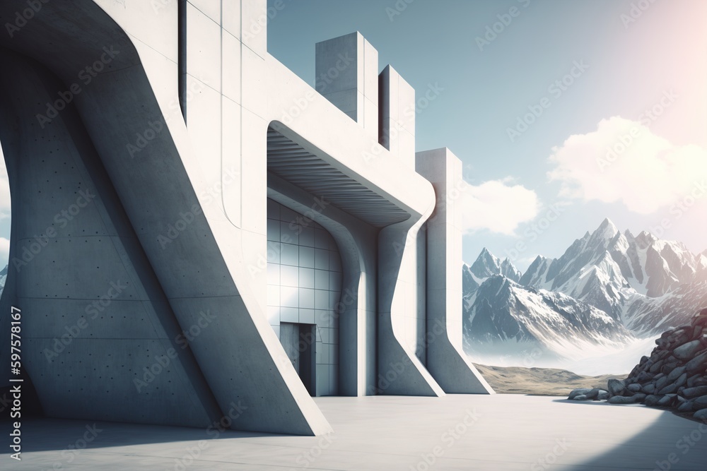 concrete graphic building with glass windows, as an element of modern ...