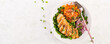 Grilled chicken fillet and carrot pasta. Healthy lunch menu. Keto food. Top view, banner