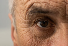 Old Man Face With Wrinkles, Grey Haired Pensioner Ageing Skin Close Up.