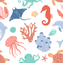 Seamless Pattern With Sea Inhabitants And Seaweed. Background With Marine Elements. Cute Texture For Kids Room Design, Wallpaper, Textiles, Wrapping Paper, Apparel.