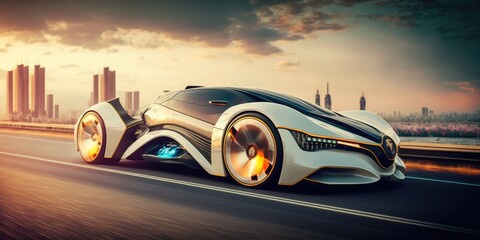 Poster - futuristic electric car, super car driving on city highway road with motion blur. distinct generativ