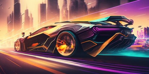 Poster - Elegant luxury super sports car future design driving on modern city highway
